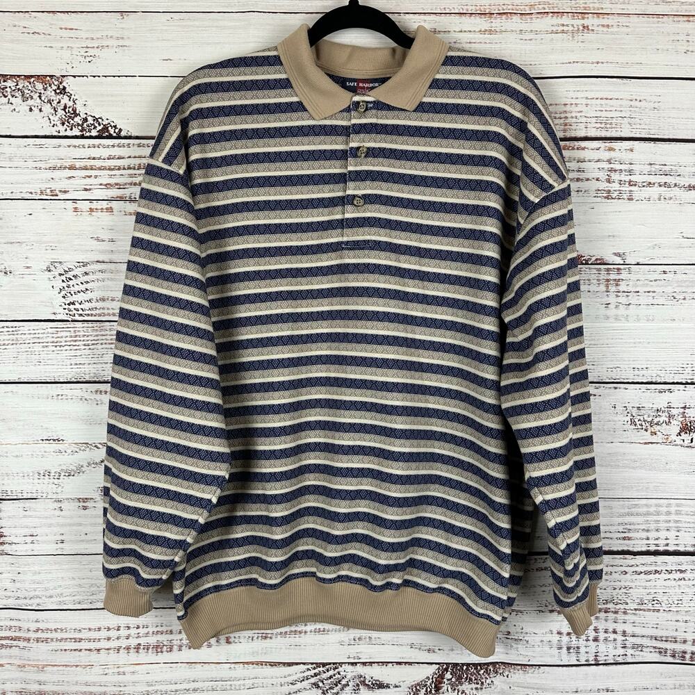 Mens VTG Safe Harbor Tan Navy Stripe Collared Pullover Knit Sweater Grandpa L